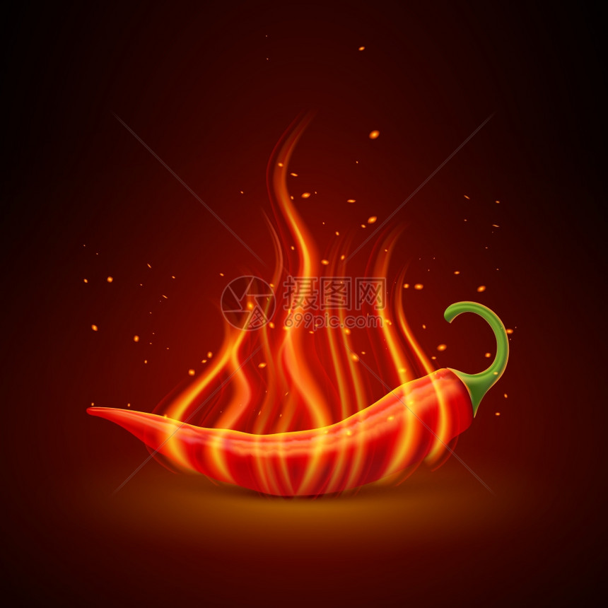 红辣椒现实的单象火红的辣椒豆荚黑暗中发光,热菜象征着单的物体海报现实的矢量插图图片