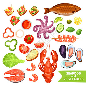 胡椒粉小龙虾海鲜蔬菜图标图标集海鲜,如鱼龙虾蔬菜,如番茄胡椒平孤立矢量插图插画