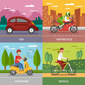 个人交通个人交通与汽车摩托车自行车与自然景观摩托车城市背景上矢量插图图片