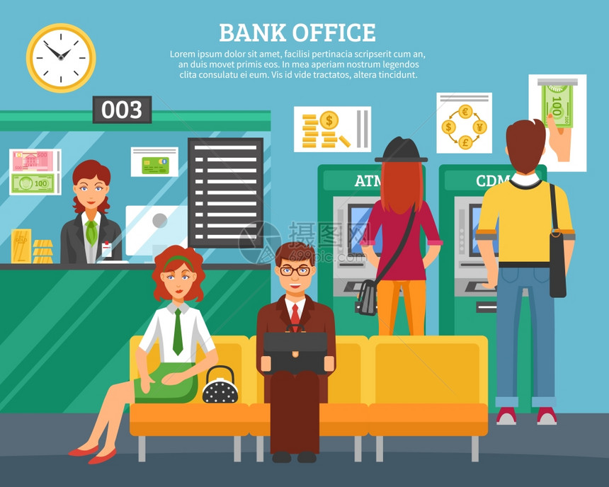 银行内部人员办公室理念人们银行办公室的理念与男孩女孩ATM终端客户等待服务平矢量插图图片