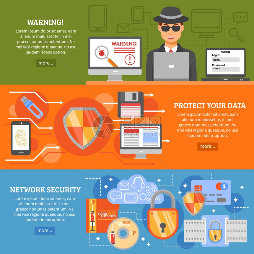 网络安全横幅网络安全横幅元素的数据保护安全数据软件矢量插图图片