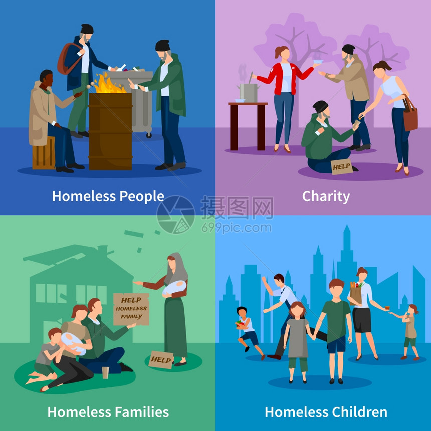 无家可归的图标与人们温暖自己周围的火灾,乞讨,接受捐赠无家可归的儿童家庭矢量插图图片