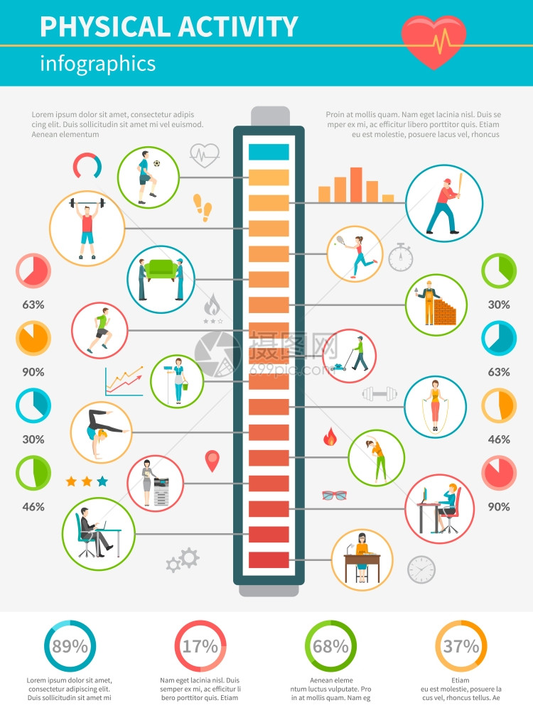 身体活动信息图信息图表图标水平的能量消耗体力活动各种活动矢量插图图片