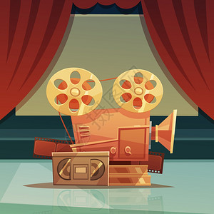 电影复古卡通插图电影院复古卡通背景与红色窗帘磁带矢量插图图片