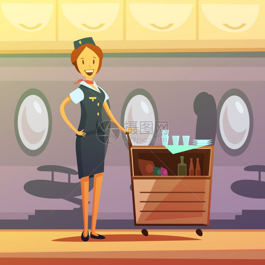 空姐卡通插图空姐托盘与食物饮料飞机卡通背景矢量插图图片