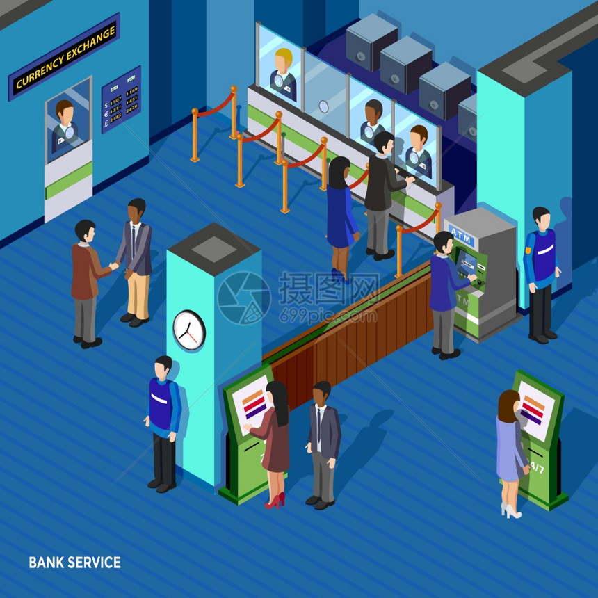 银行服务等距银行服务等距与人银行货币兑换窗口ATM员工矢量插图图片