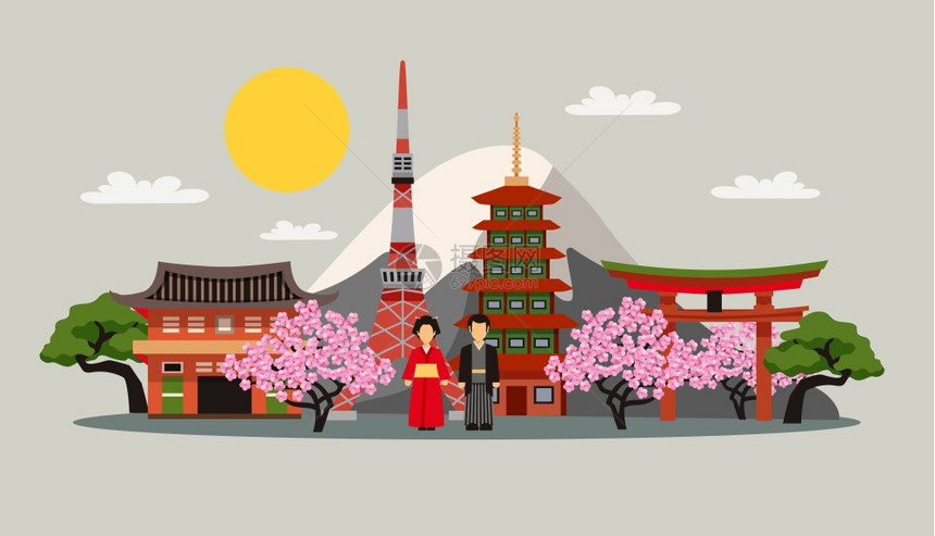 日本符号成平海报日本符号成平装饰背景海报与服裙富士山樱花花抽象矢量插图图片
