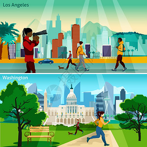 洛杉矶城市美国城市景观合集美国城市景观平美国风景与人的构图集美国城市矢量插图美国城市集合插画