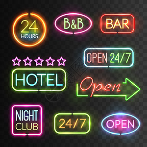 霓虹灯打开标志集霓虹灯打开标志图标闪光灯为酒店商店赌场,例如矢量插图图片