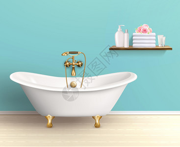 浴足店浴室内部彩色海报浴室内部海报宣传传单浴缸房子与蓝色墙壁货架与浴缸配件矢量插图插画