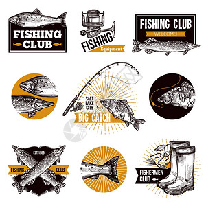 钓鱼标志标志手绘钓鱼标志标志,鱼类设备,如钓鱼竿广告孤立矢量插图图片