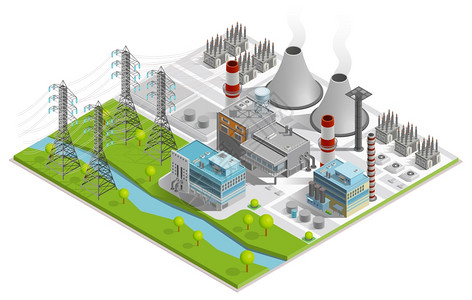 工业办公火电厂矢量图用于生产电能的火电厂与烟囱工业建筑电力线支持等距的矢量图插画