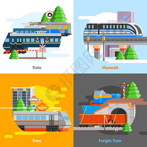 铁路运输2x2理念铁路运输2x2集的客货列车单轨电车成平矢量插图图片