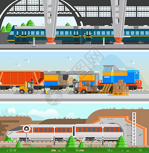 铁路客运铁路运输水平平横幅铁路运输水平平横幅与高速客运列车火车站装载铁路运输成矢量图插画