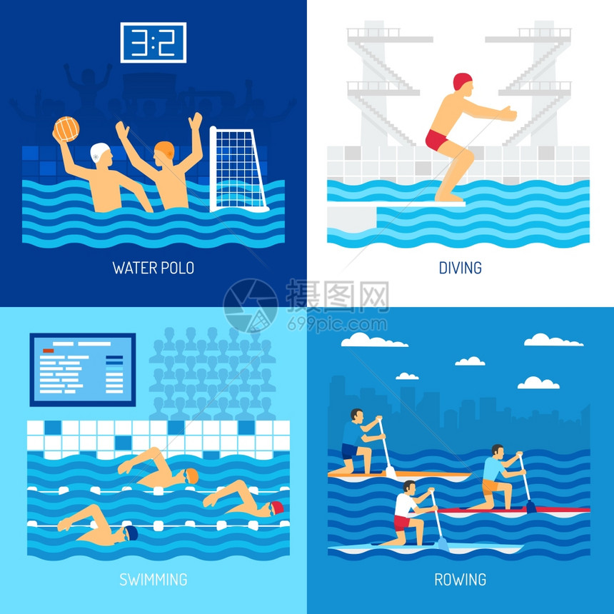 水上运动的水运动与马球游泳跳水游泳池独木舟划船户外孤立矢量插图图片