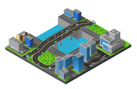 小区路等距城市桥梁构图海报城市商业中心住宅小区等距与桥梁跨越河流海报抽象矢量插图插画