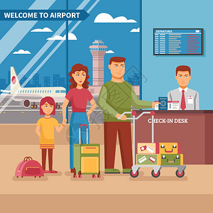 机场工作插图机场工作海报家庭登机台与他的行李,然后登机前的飞机矢量插图图片