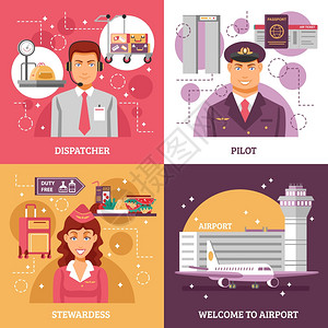 机场理念机场四个正方形图标,描述调度员飞行员空姐工作矢量图图片