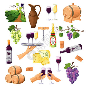 木桌子上奶酪白色背景上的彩色葡萄酒图标彩色葡萄酒图标白色背景与眼镜瓶子的红白葡萄酒品种,水壶桶平矢量插图插画