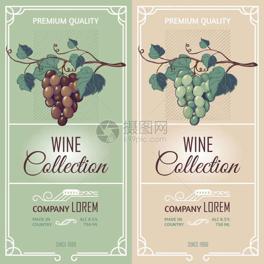 两个带葡萄酒标签的垂直横幅两个垂直横幅复古风格代表藤蔓标签广告葡萄酒收集优质平矢量插图图片