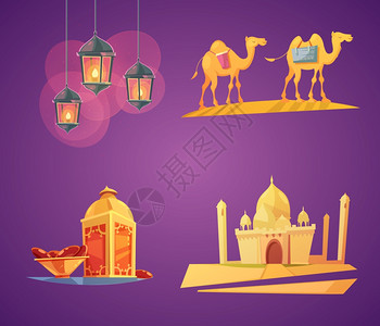 麦加大清真寺斋月卡通图标彩色卡通复古构图2x2与紫色背景描绘斋月元素矢量插图插画