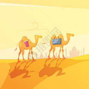清真寺尖塔斋月骆驼插图彩色卡通插图描绘骆驼沙漠斋月Karem矢量插图插画