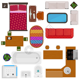 家庭家具的顶部视图家庭家具的顶部视图装饰图标与床,沙发,椅子,桌子,厨房,浴缸,马桶,矢量插图背景图片