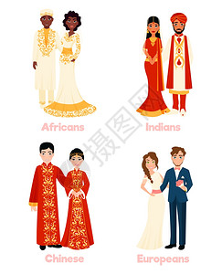 多元文化的婚礼夫妇多元文化的婚礼夫妇民族服装上白色背景平孤立矢量插图图片