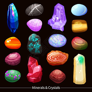 珠宝纹理水晶石头岩石背景闪亮的彩色矿物,水晶,同大小形状的岩石,各种纹理黑色背景卡通矢量插图上插画