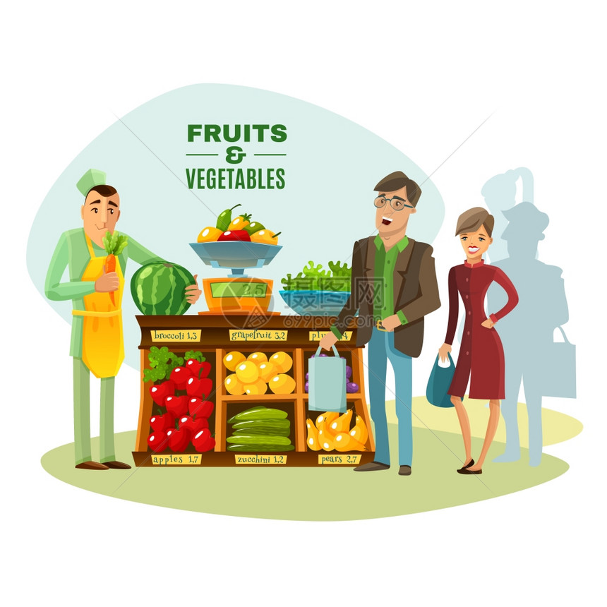水果蔬菜销售商的插图水果蔬菜销售商与柜台销售员客户卡通矢量插图图片