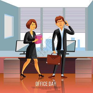 办公室人员海报卡通风格的商业海报,男女穿着黑色西装,穿着办公室矢量插图图片