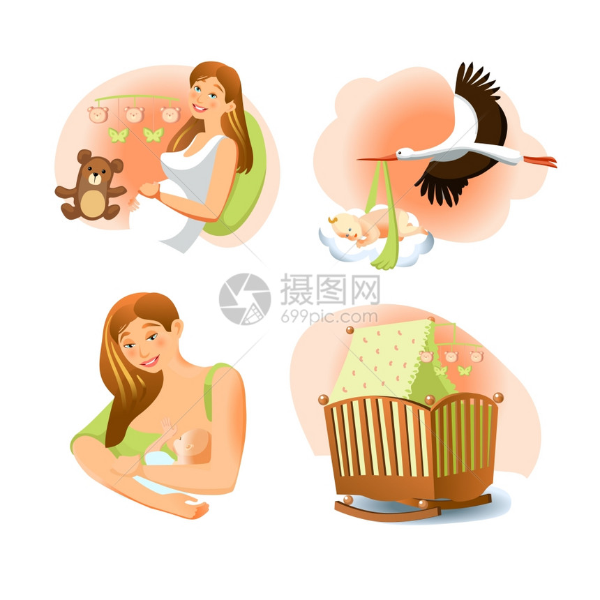 婴儿出生装置婴儿出生图像集孕妇鹳与儿童婴儿床母亲婴儿平孤立矢量插图图片