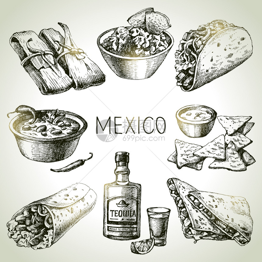 墨西哥传统食品手绘草图矢量插图老式墨西哥菜集图片