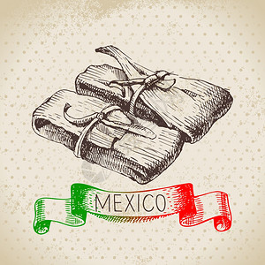 墨西哥传统食品背景与泰米尔手绘草图矢量插图老式墨西哥菜横幅图片