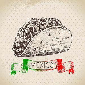 辣鸡堡墨西哥传统食品背景与玉米饼手绘草图矢量插图老式墨西哥菜横幅插画