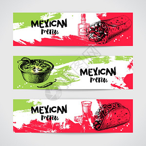 墨西哥传统食品菜单横幅手绘草图矢量插图老式墨西哥菜图片