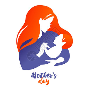 婴儿头发美丽的母亲剪影与婴儿白色背景上的矢量标插图插画