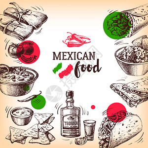 克孜利亚大峡谷墨西哥传统食品背景手绘草图矢量插图老式墨西哥菜横幅餐厅菜单插画