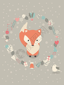 可爱的诞宝贝狐狸周围花卉装饰,矢量插图图片