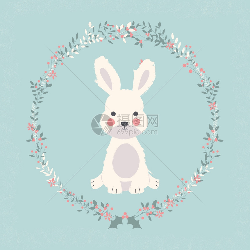 可爱的小兔子诞花树枝花环,矢量插图图片