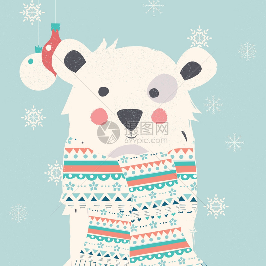 诞快乐明信片与北极熊戴围巾,矢量插图图片
