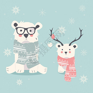 两只熊诞快乐明信片与两只北极熊,嬉皮士幼崽,矢量插图插画