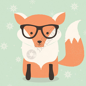 诞快乐明信片与可爱的时髦橙色狐狸戴眼镜,矢量插图高清图片