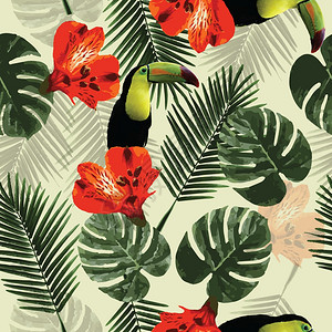 热带无缝图案与巨嘴鹦鹉,花棕榈叶,矢量插图背景图片