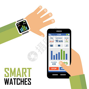 手戴智能手表手腕上的智能手表健身跟踪器应用程序矢量插画