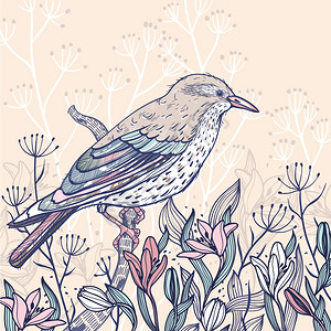 矢量手绘只米色的鸟盛开的春花的插图图片