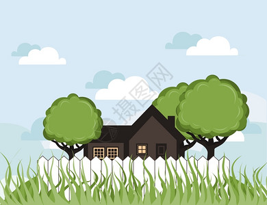 花园里树的房子矢量插图背景图片