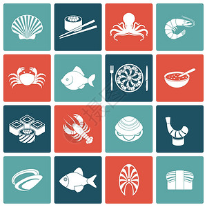 海鲜鱼菜单餐厅图标平卷小龙虾蛤蜊虾孤立矢量插图背景图片