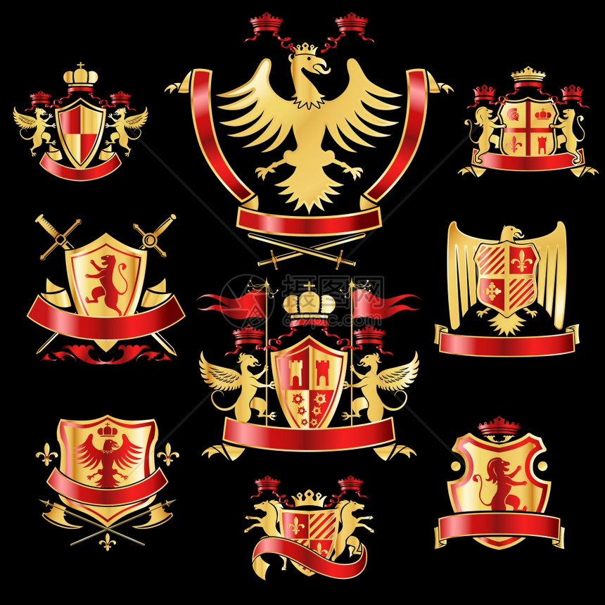纹章外套的装饰标签,黄金红色与皇家皇冠动物矢量插图图片