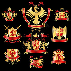 纹章外套的装饰标签,黄金红色与皇家皇冠动物矢量插图图片